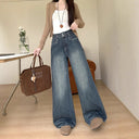Chic High-Waist Wide Leg Jeans with Button Accent and Modern Pockets