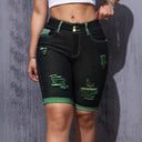 Stylish Women's Distressed Denim Shorts with Green Detail
