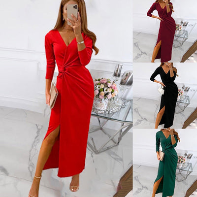 Chic Women's Wrap Dress with V-Neck and High Slit