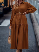 Chic Women's Dress with Fitted Belt & Button Detail