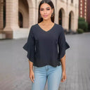 Stylish Women's Ruffle Blouse with Deep V-Neck