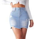 Chic Women's Frayed Hem Denim Mini Skirt with Ripped Accents