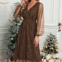 Glamorous Midi Dress with Sheer Puff Sleeves and Sequin Design