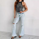 Trendy Flared Jeans with Fringes and Rips for Women