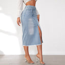 Chic Women's Denim Midi Skirt with High Slit & Frayed Hem