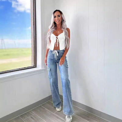 Women's Cargo Jeans with Flexible Waistband and Ample Pockets