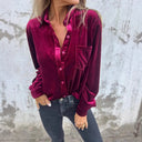 Chic Velvet Blouse with Classic Collar and Long Sleeves