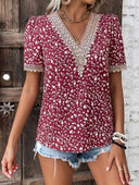 V-Neck Women's Blouse with Lace Accents