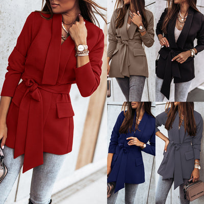 Stylish Women's Blazer with Belt and Pockets