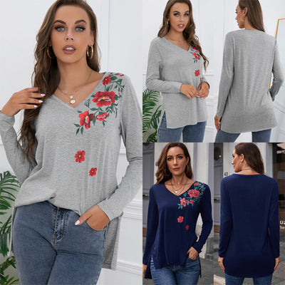 Floral V-Neck Long Sleeve Tee for Women