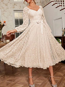 Ladies Lace Midi Dress with Puff Sleeves and Waist Tie