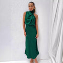 Chic Maxi Dress with Stand-Up Collar and Draped Design