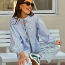 Chic Women's Blouse with Ruffled Sleeves & Bow Tie