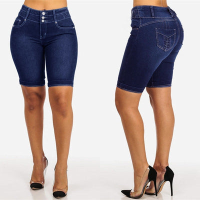 High-Waisted Denim Shorts with Chic Button Accents