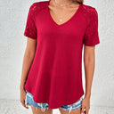 Chic V-Neck Top with Lace Sleeves & Textured Design