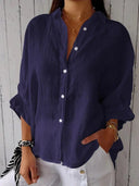 Pure Linen Women's Blouse with Button Placket and Wide Sleeves