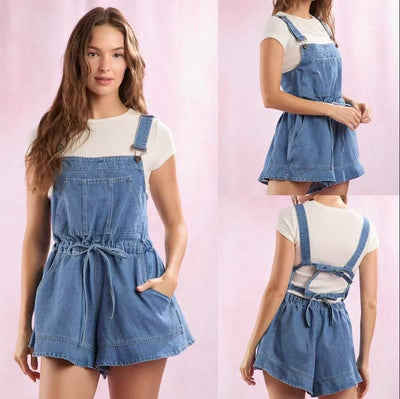 Women's Adjustable Strap Denim Overall Dress with Drawstring Design