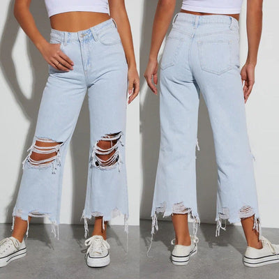 Distressed Wide-Leg Jeans with Frayed Hem for Women