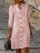 Stylish Women's Striped Shirt Dress with Button Placket and 3/4 Sleeves