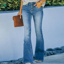 High-Waisted Flared Jeans with Button Accents