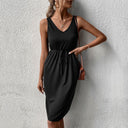 Women's Midi Dress with High Collar and Adjustable Belt