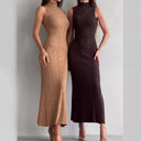 Women's High Collar Knit Bodycon Dress with Ribbed Texture