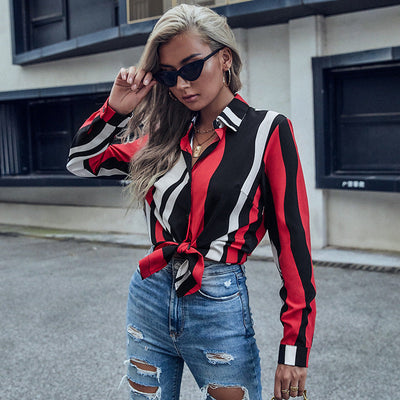 Modern Wave Pattern Women's Blouse with Button-Down Front