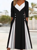 Chic Midi Dress with Asymmetrical Hem & Button Accents