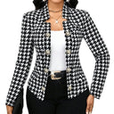 Chic Houndstooth Blazer Jacket with Shiny Buttons