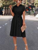 Chic Knee-Length Shirt Dress with Waist Belt and V-Neck Design
