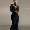 Chic Evening Dress with Sheer Sleeves & Star Accents