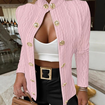 Chic Knit Blazer with Gold Buttons and Stand-Up Collar