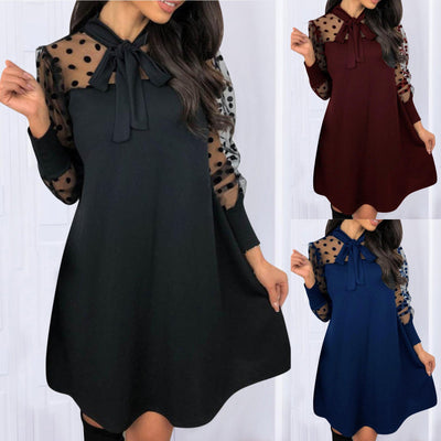 Chic Women's Chiffon Dress with Bow & Polka Dots
