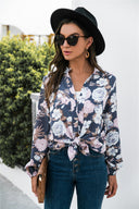 Floral Print Women's Long Sleeve Blouse with Stand-Up Collar