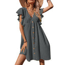 Chic Women's Summer Dress with Ruffle Accents and Button Closure