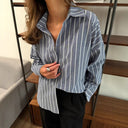 Striped Women's Blouse with Rounded Hem and Button Closure
