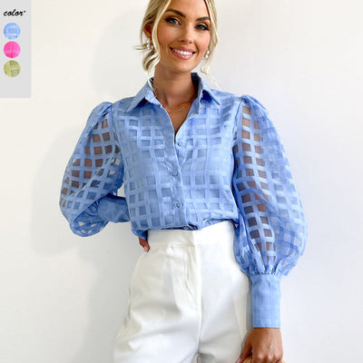 Chic Blouse with Sheer Puff Sleeves in Trendy Check Design