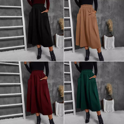 Women’s Midi Skirt with Elastic Waist and Pocket Design