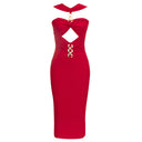 Chic Cocktail Dress with Stylish Cut-Outs and Metallic Button Accents