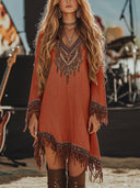 Artistic Embroidered Women's Festival Dress with Fringe