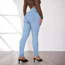 Chic High-Waist Jeans with Trendy Rips and Button Accents