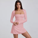 Chic Women's Long-Sleeve Mini Dress with Ribbed Texture and Stylish Neckline