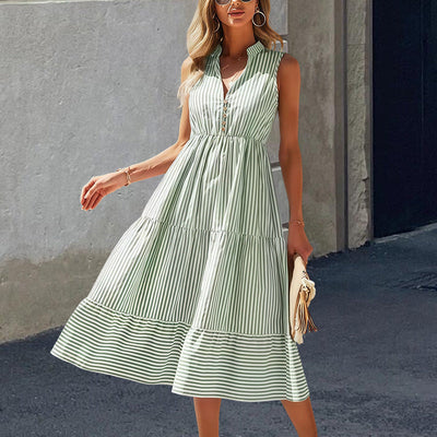 Striped Women's Long Sleeve Sheath Dress with Button Placket