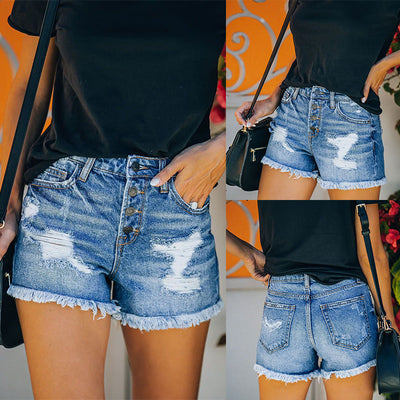 Chic High-Waist Destroyed Denim Shorts with Button Placket