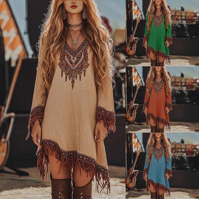Artistic Embroidered Women's Festival Dress with Fringe