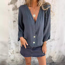 Women's Deep V-Neck Blouse with Button Accents