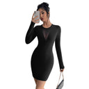 Chic Women's Long Sleeve Dress with V-Neck & Sheer Accents