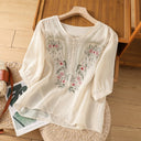 Floral Embroidered Women's Blouse with Button Neckline