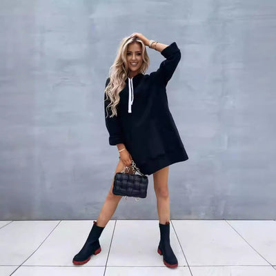 Chic Women's Hooded Dress with Pockets and Side Slits