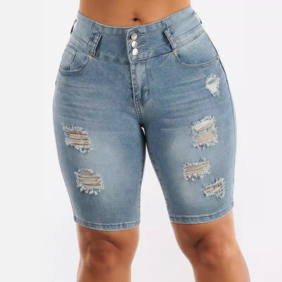Chic High-Waisted Denim Bermuda Shorts with Distressed Design